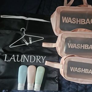 Gently Used Pink Washbag Set with New Travel Bottles And New Laundry Bag